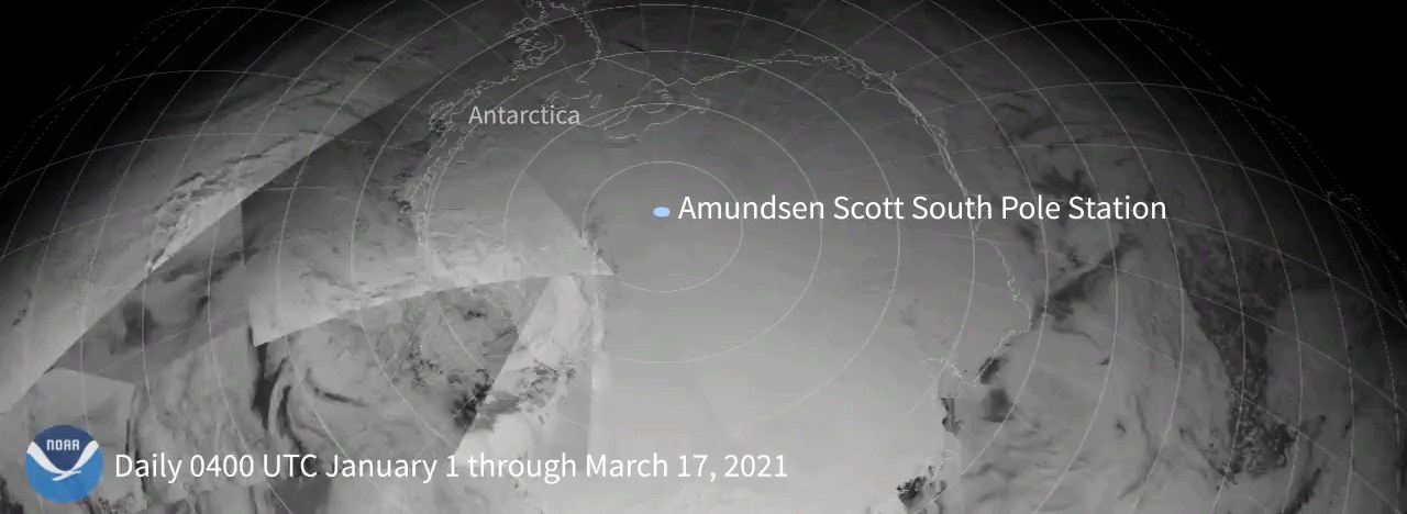 Imagery of Amundson Base on the South Pole along with Antarctica, showing the day/night terminator from Jan to March 2021.