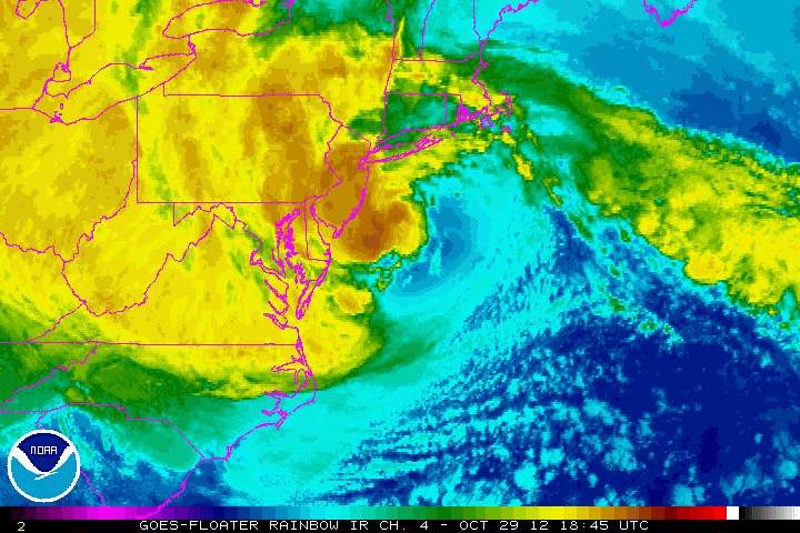Infrared animation from NOAA’s GOES-13 of Hurricane Sandy making landfall near Brigantine, N.J., on October 29, 2012.