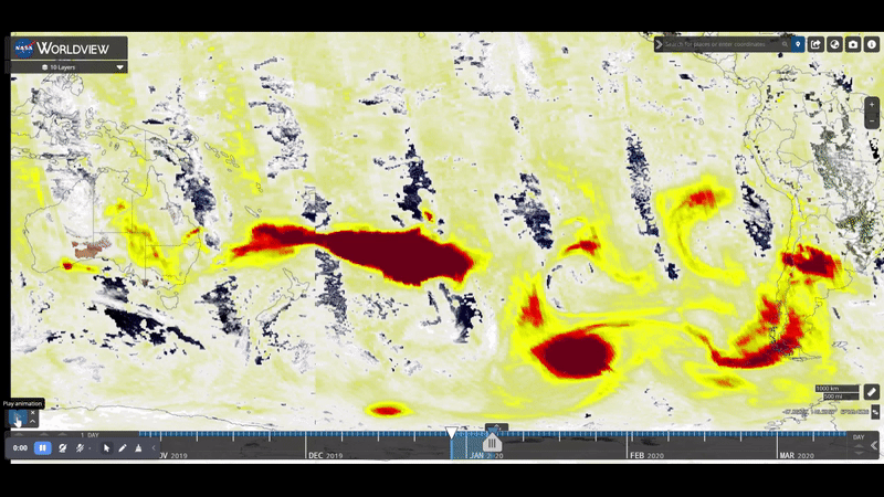 A gif animation visualizes the transport of smoke pollution west to east from Australia to South America with data from the OMPS Aerosol Index that uses yellow, orange, and red to depict atmospheric aerosol concentration. The animation is from the NASA WorldView data visualization tool.