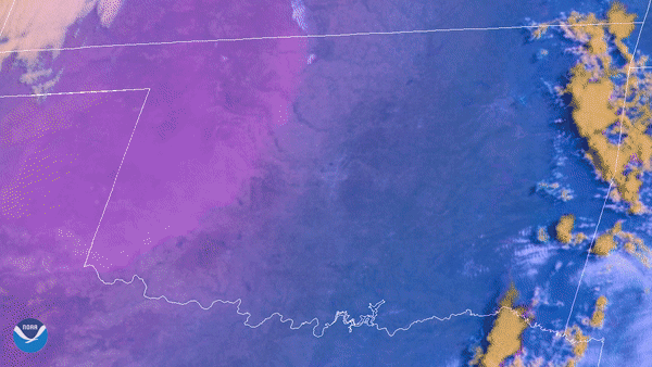 A large dust cloud appears pink in this false-color dust imagery as it blows over Oklahoma.