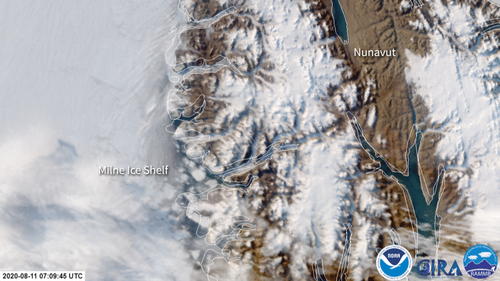 Timelapse imagery of Nunavut and the Milne Ice Shelf breaking up over the course of two days, via JPSS satellites.