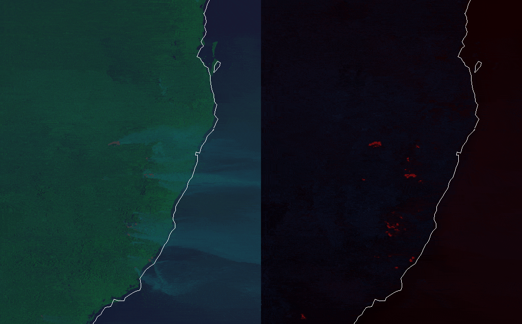 Himawari-8 satellite image shows heat signatures and smoke plumes from bushfires, New South Wales, Australia November 8, 2019