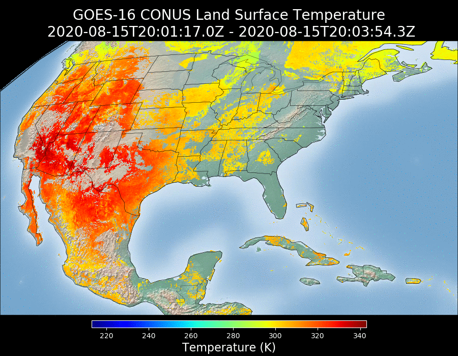 GOES-16 CONUS Land Surface Temperature from Aug. 15, 2020, with legend included. 