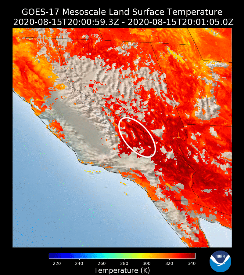 GOES 17 Mesoscale Land Surface Temperature for Aug. 15, 2020. Death Valley is circled.