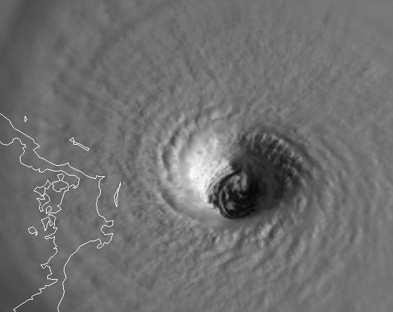 The eye of major Hurricane Dorian approaching Great Abaco, Bahamas
