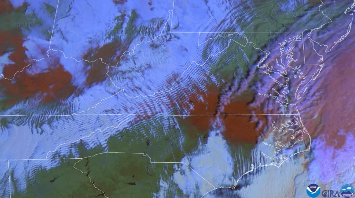 False-color satellite imagery shows rippling wave clouds and snow on the ground