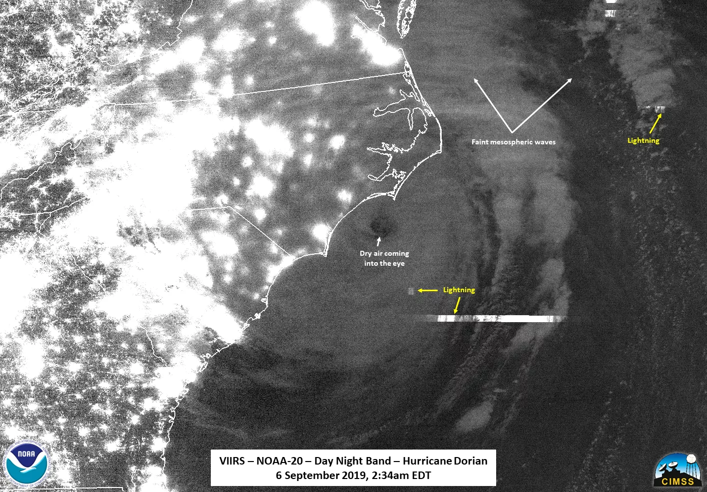Hurricane Dorian viewed in NOAA-20's VIIRS Day Night Band, on September 6, 2019