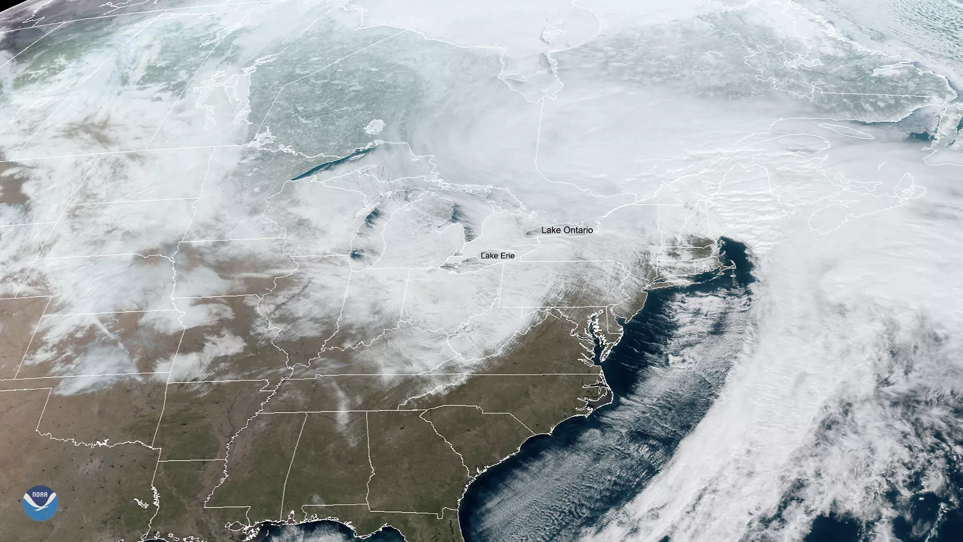 Satellite image showing lake effect clouds over the Great Lakes
