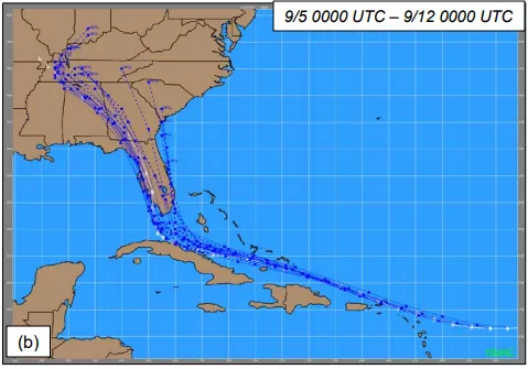A map of the Caribbean and the southeastern US, showing NHC track forecasts for Hurricane Irma in royal blue and the actual path of the storm in white; the actual path is very close to the forecast
