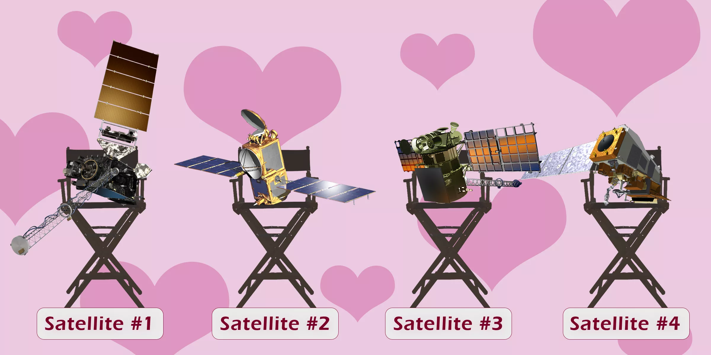 Four satellite arrays in four movie director chairs (GOES-R, JASON-3, DSCOVR, and NOAA-20), with a pink heart background. 