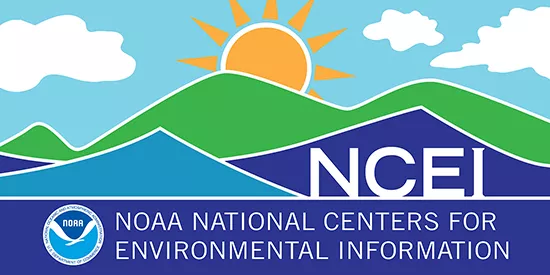 NCEI icon and illustration of sunny mountain range.
