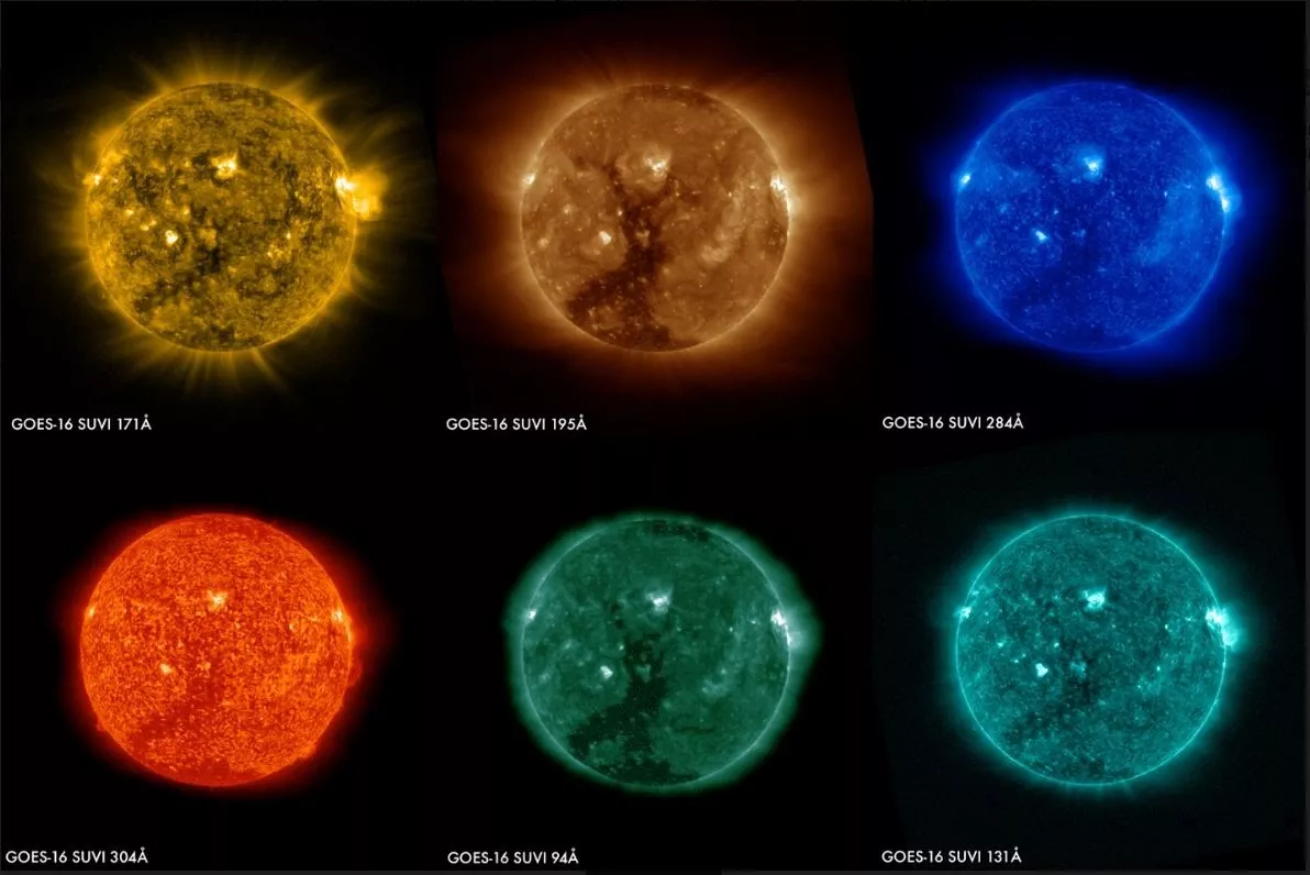 Six images show the sun in each of SUVI's six wavelengths.