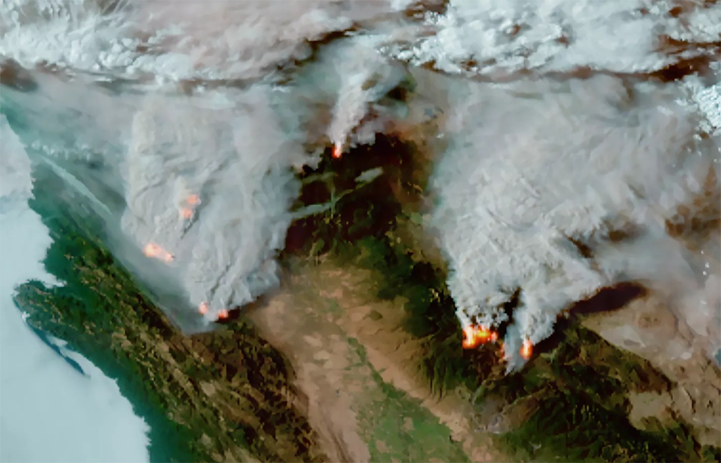 GOES-17 imagery of several large fires in northern California on Aug. 4, 2021. 
