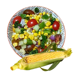 Plate with colorful food and corn cob