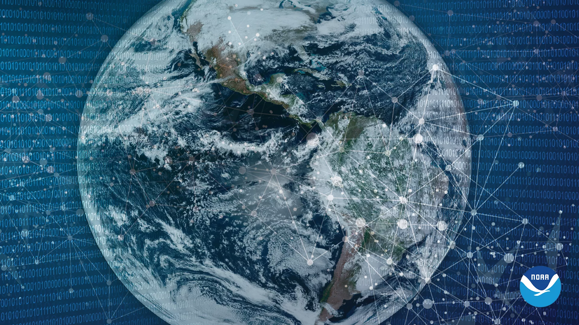 Image of the earth and space with binary code overlayed displaying data; NOAA Logo