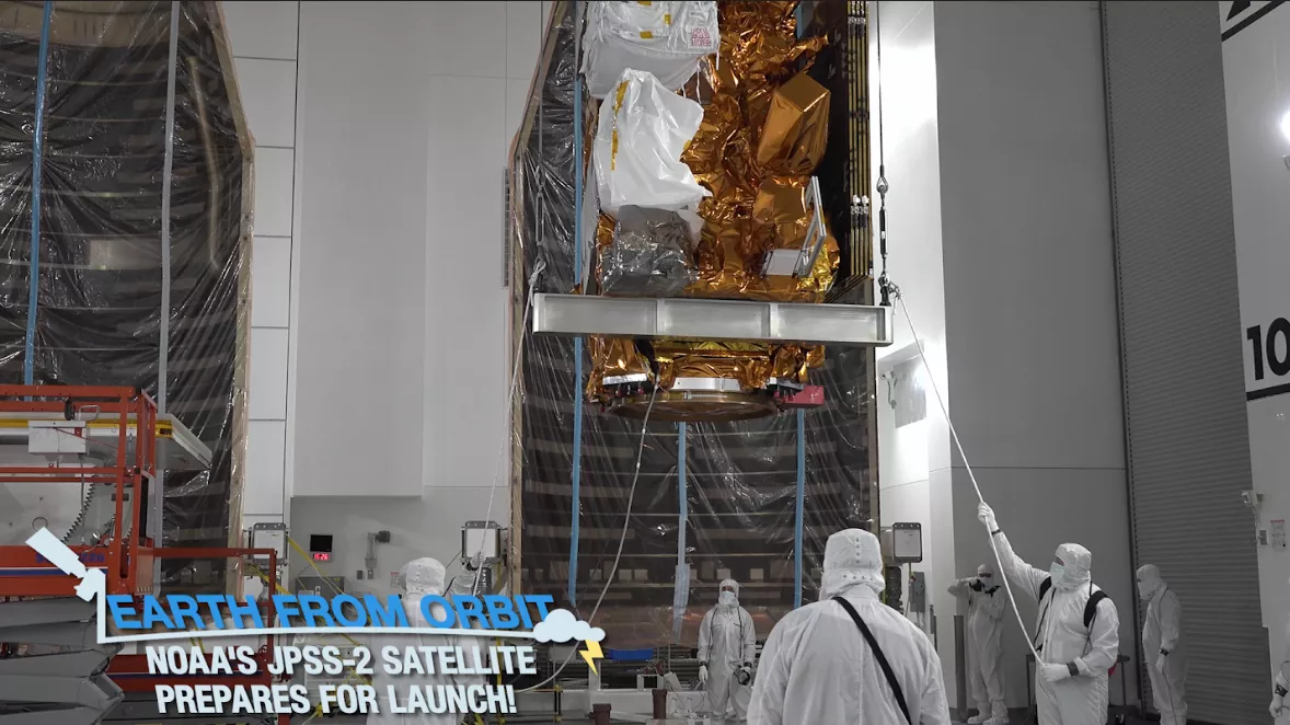 The JPSS-2 satellite in a clean room. 