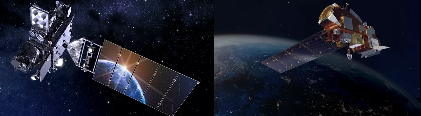 Artist's rendering of NOAA’s GOES-18 satellite (left) and NOAA’s JPSS-2 satellite (right).
