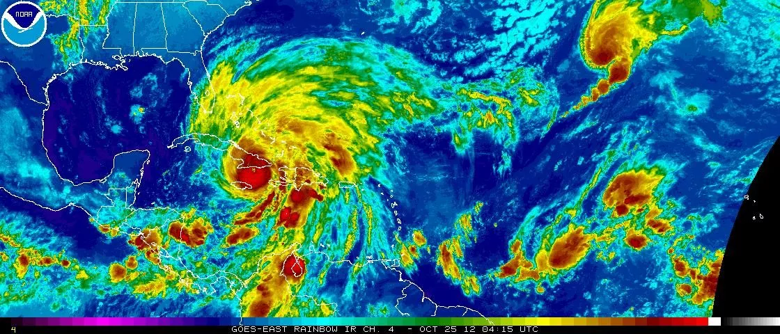 Infrared image from NOAA’s GOES-13 of Hurricane Sandy approaching landfall in southern Cuba at 12:15 am EDT on October 25, 2012.