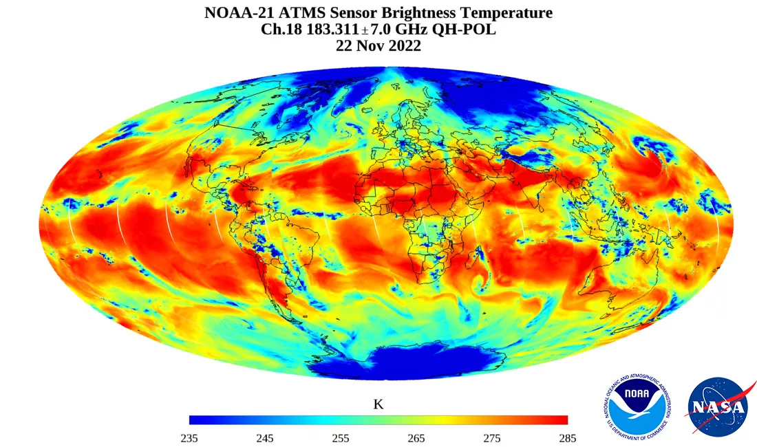 Image of earth land and sea temperature using the NOAA-21 ATMS Sensor.