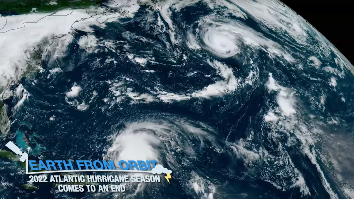 2022 Atlantic Hurricane Season Wrap-Up title card. Image shows a view of Earth with two hurricanes over the Atlantic.