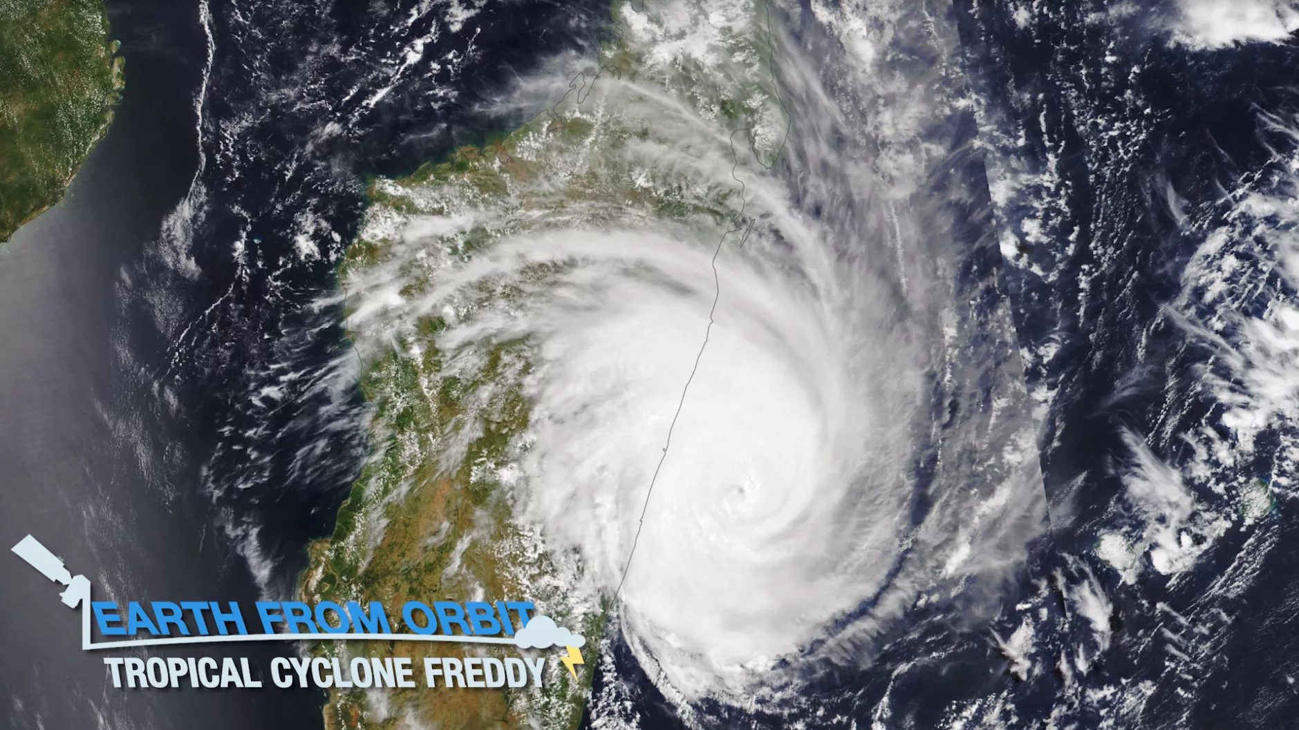 Title card, showing Tropical Cyclone Freddy making landfall on the eastern coast of Madagascar