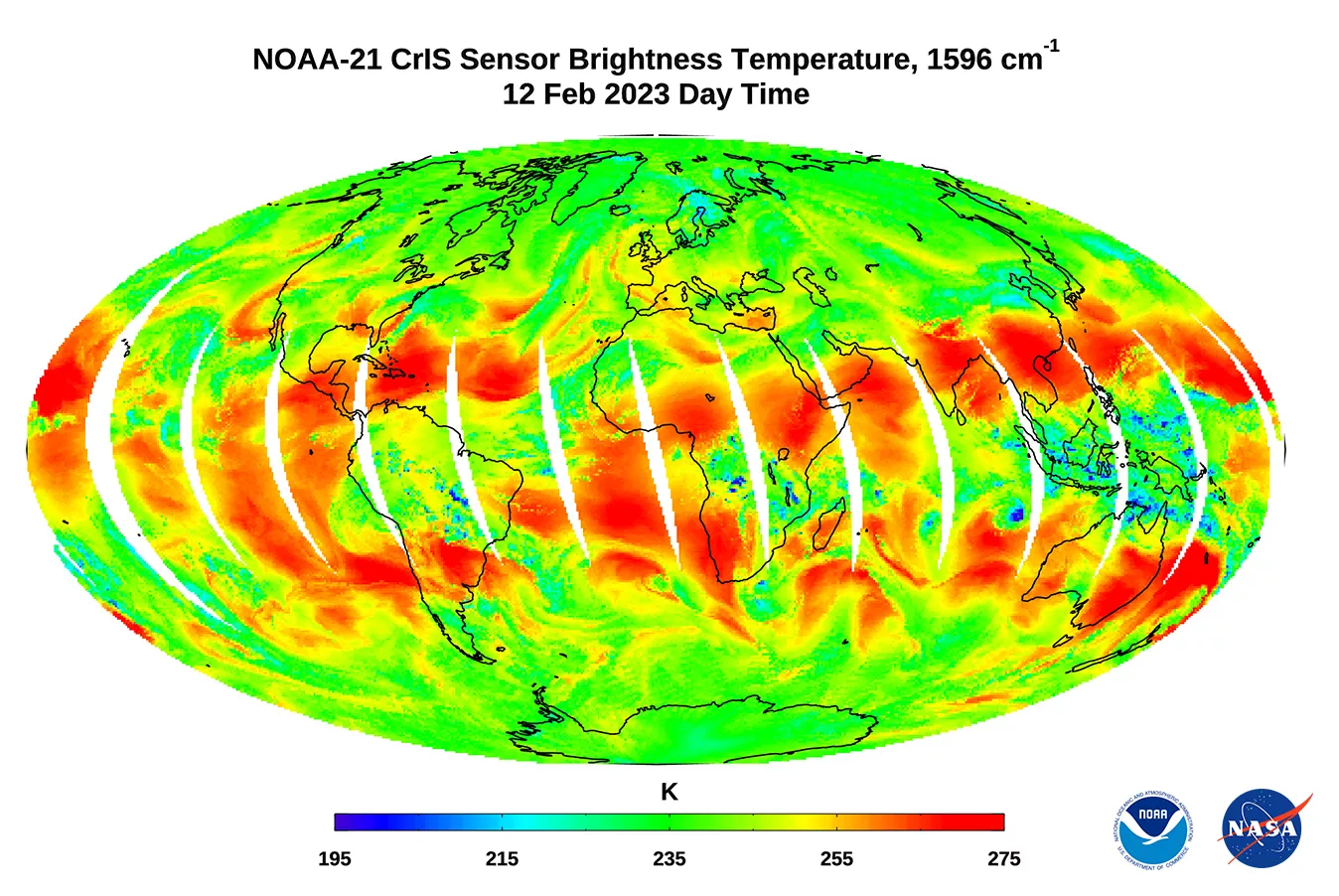 The first light image in brightness temperature was captured by the NOAA-21 CrIS sensor at the 1596 cm-1 water vapor channel on February 12, 2023. 