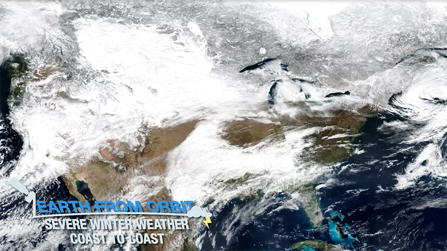 Title card showing a JPSS image of the U.S. with a large winter storm system over a majority of the country. The words "Severe Winter Weather Coast to Coast" appear in the bottom left