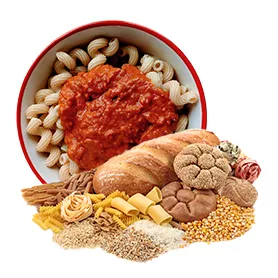 Bowl of pasta with tomato sauce and variety of grain products.