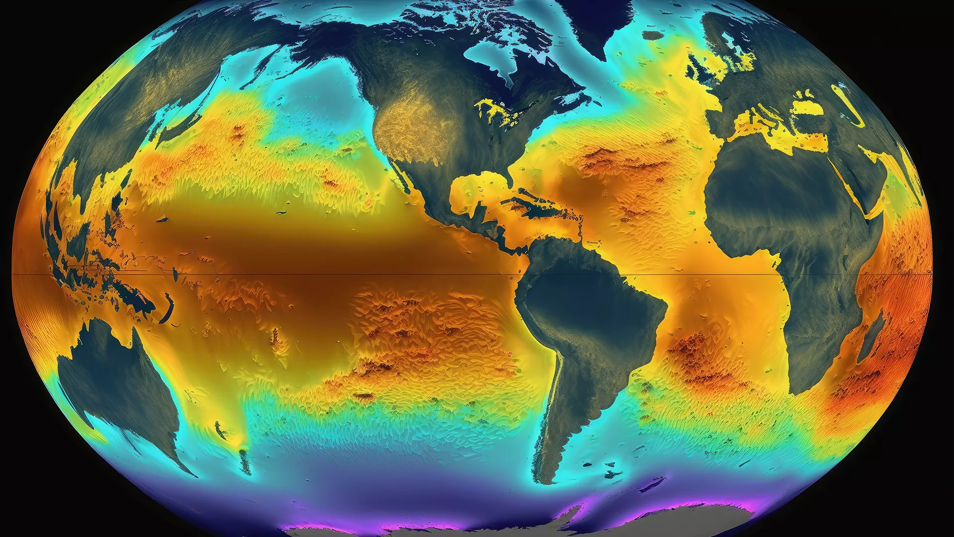 Image of the entire earth with sea surface temperature colors along the ocean.