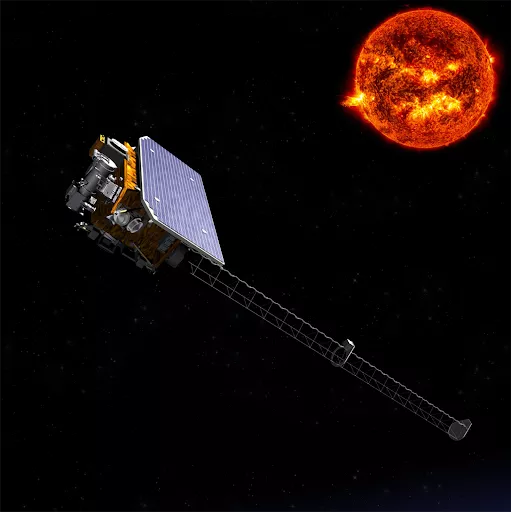 Image of a satellite in space with the Sun in the background.
