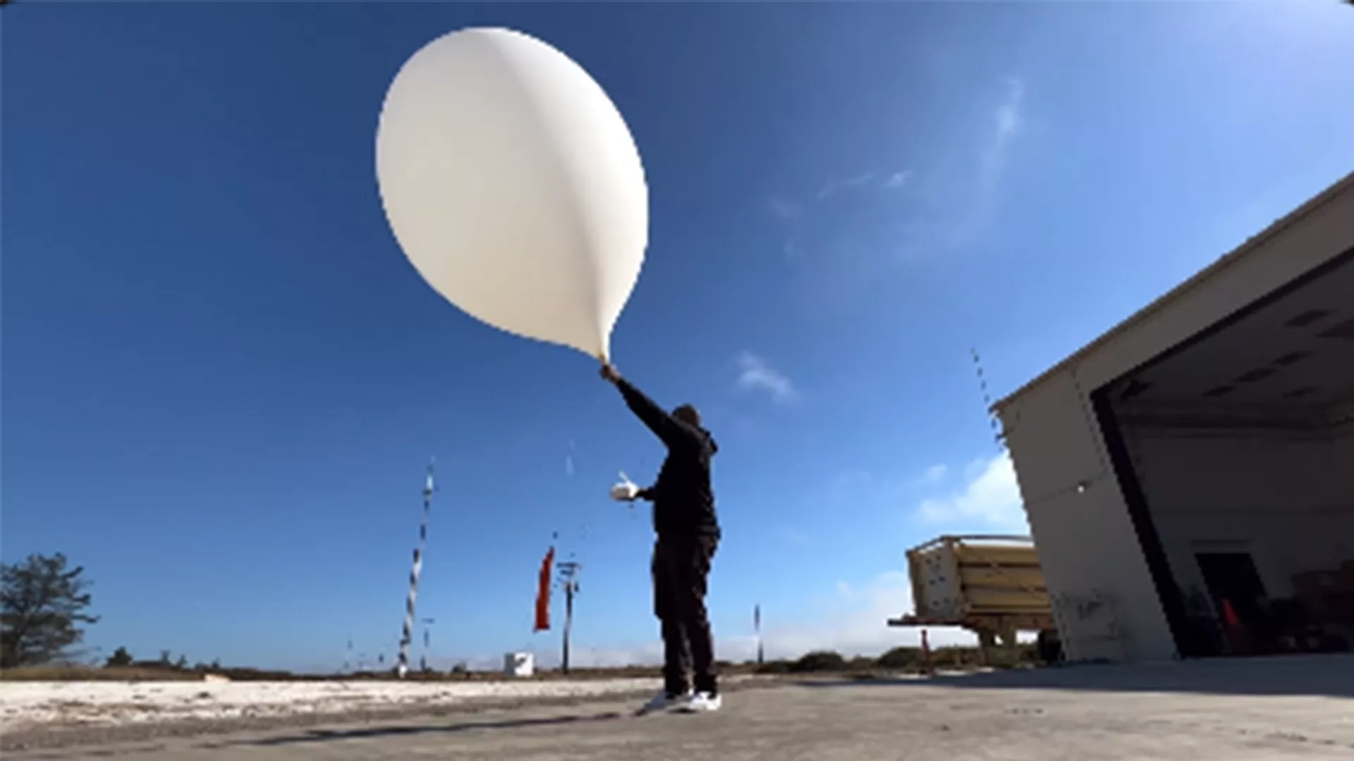 Man about to release a big white weather balloon outdoors.