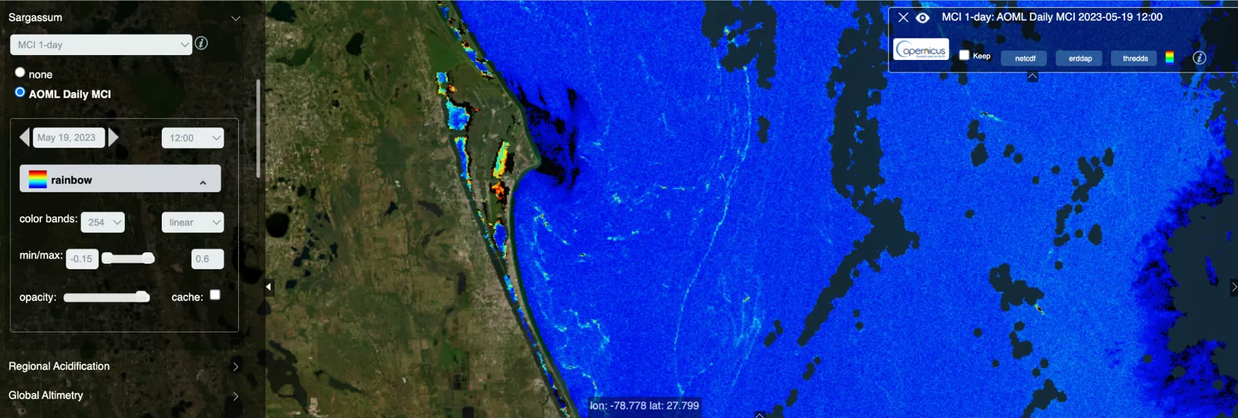 Screenshot of Ocean Viewer showing the presence of Sargassum along Central Florida on May 19, 2023. On the left side, there is a control panel with various adjustable settings, such as date and time (May 19, 2023, at 12:00), color representation (rainbow), and color bands. The visualization itself shows a coastal region with land on the left and sea on the right. The colors represent the Maximum Chlorophyll Index (MCI) that identifies those areas with high concentrations of chlorophyll. We can see the chara