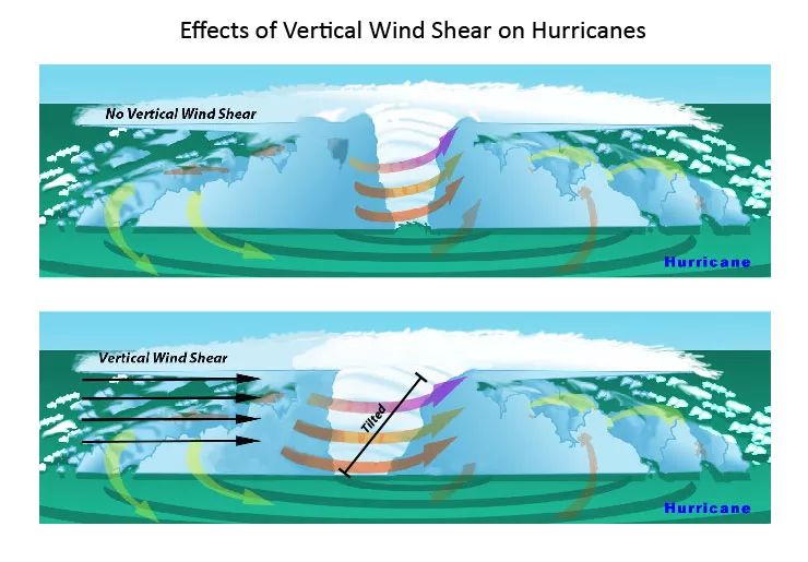 Illustration of effects of vertical wind shear on Hurricanes