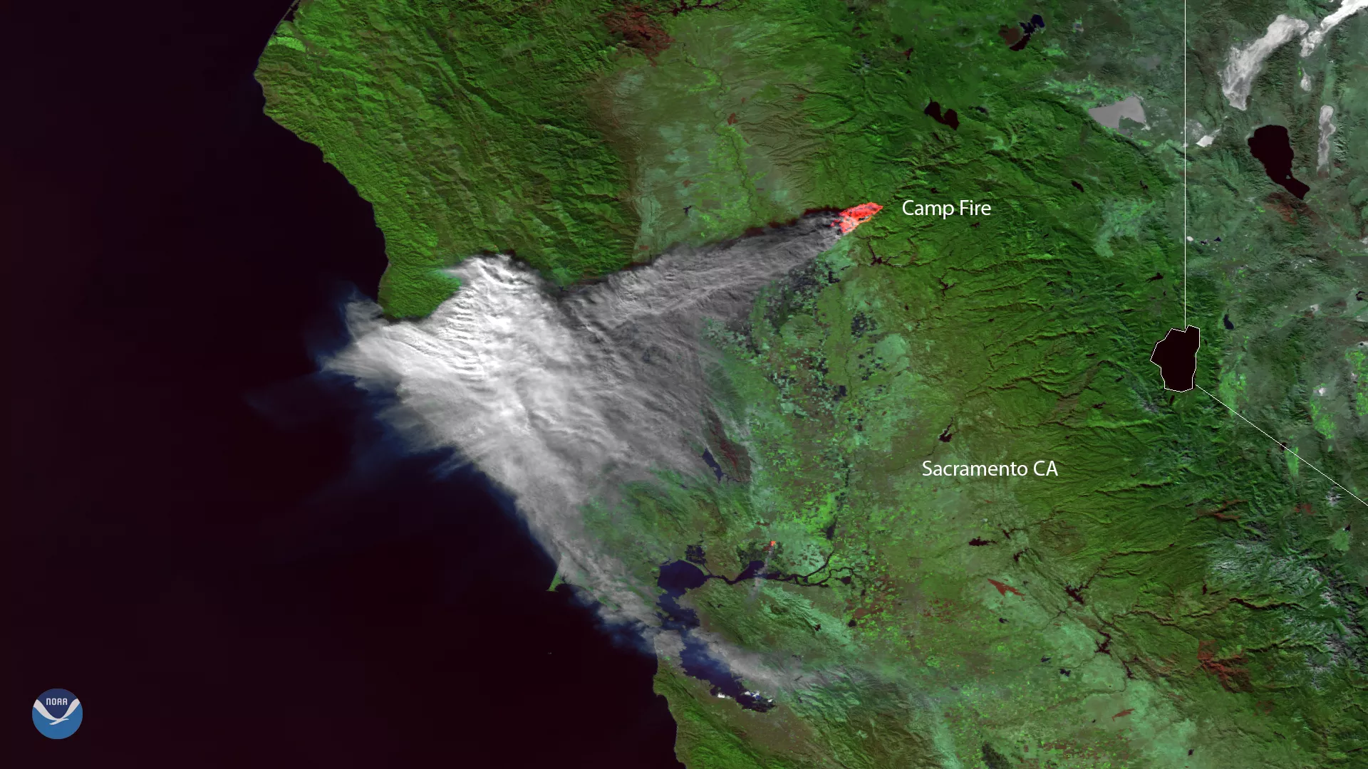 False-color satellite imagery of California's Camp Fire