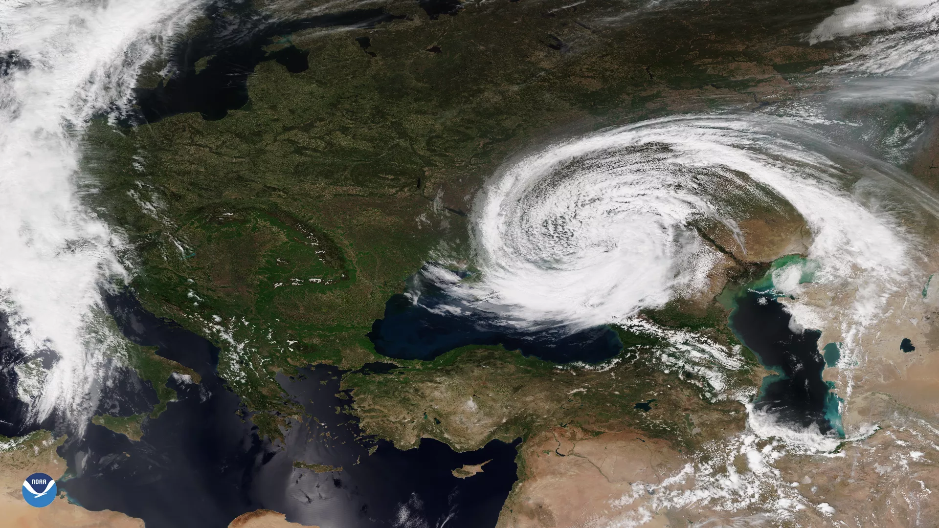 Satellite image of cyclone near the Black Sea