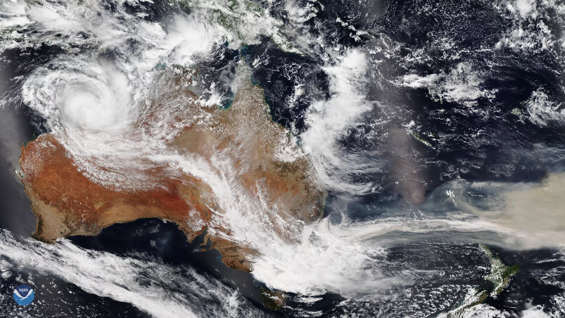 TrueColor Imagery of Australia under cloud cover with Tropical Cyclone Blake, via NOAA-20 satellite, Jan. 2020. 