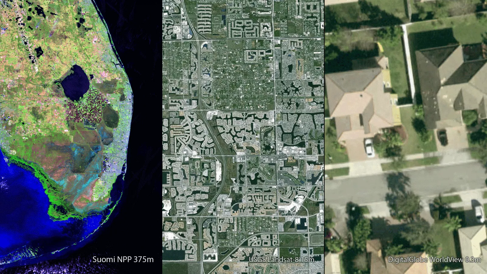 A triptych of satellite images showing Florida - the left image shows much of the tip of Florida from a distance, the middle image shows part of Florida and individual roads can be seen, the right image shows individual houses in a Google Maps-like view
