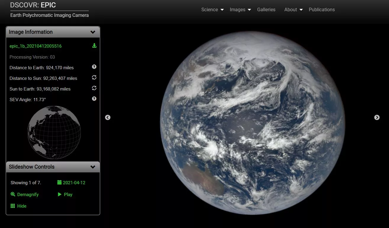 DSCOVR satellite imagery of Eastern Hemisphere of Earth, along with dashboard