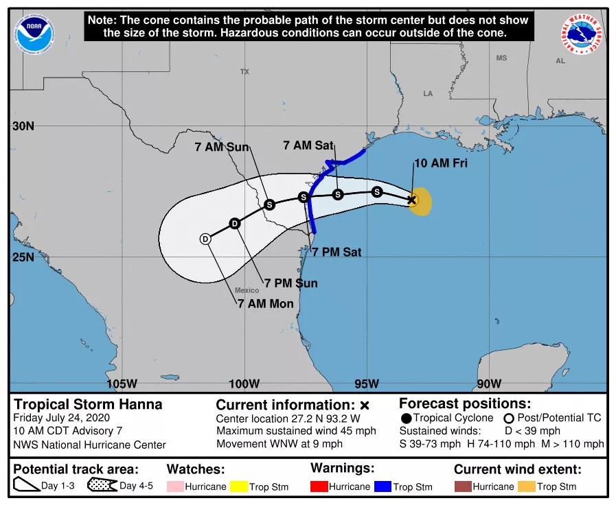 Forecast cone for Tropical Storm Hanna, July 2020, showing five day projection of path. 