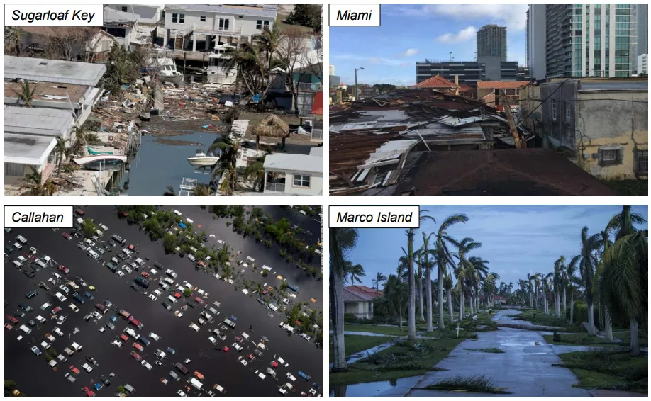Four photos collaged together showing damage from Hurricane Irma in Sugarloaf Key (top left), Miami (top right), Callahan (bottom left), and Marco Island (bottom right); the images show downed structures and significant flooding