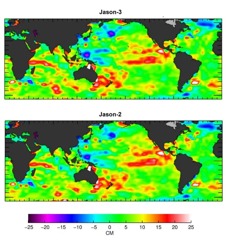 Visualization of Sea level anomalies data from Jason-3 compared to Jason-2