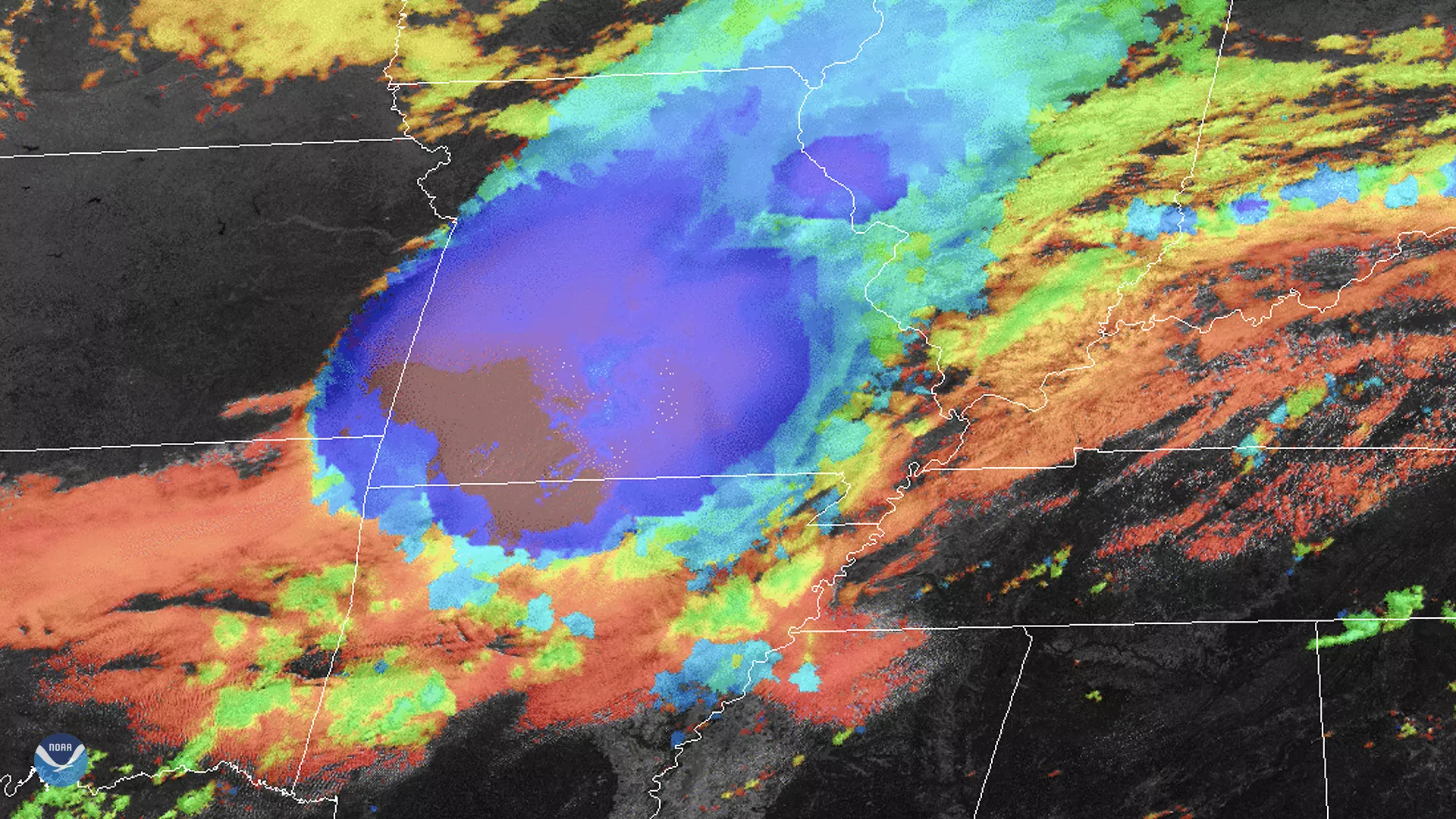 Satellite imagery from GOES East shows a derecho moving across the mid-Mississippi Valley