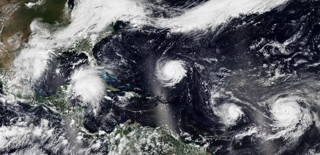 A TrueColor image, from left to right, of Invest 95L, Hurricane Florence, Hurricane Isaac, and Hurricane Helene from the NOAA-20 satellite on Sept. 10, 2018.