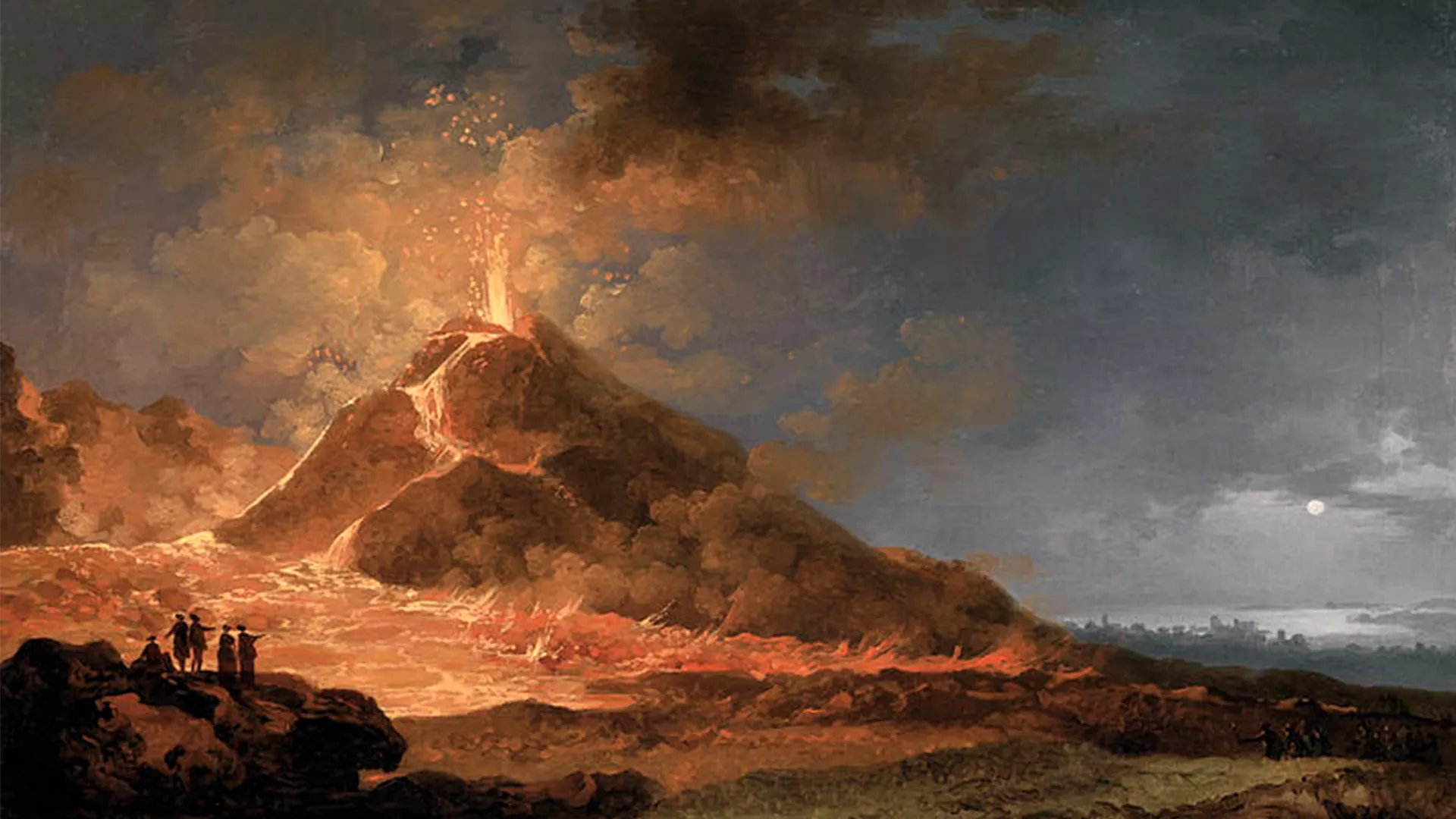 An artist rendering of Mt. Vesuvius erupting against a cloudy night sky