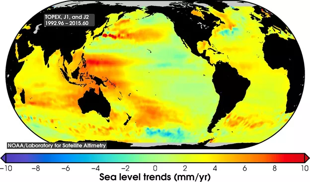 Map of estimated sea level rise measurements.